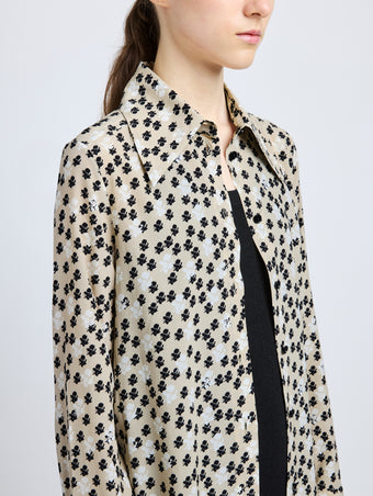 Proenza Schouler Detail image of model wearing Emmeline Shirt in Printed Silk Viscose in Sand Multi