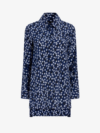 Proenza Schouler Still Life image of model wearing Emmeline Shirt in Printed Silk Viscose in Navy Multi