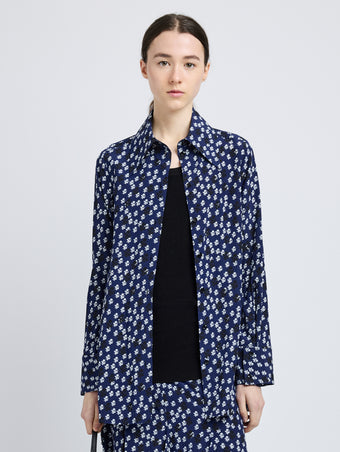 Proenza Schouler Front cropped image of model wearing Emmeline Shirt in Printed Silk Viscose in Navy Multi