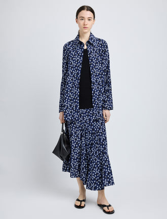 Proenza Schouler Front full length image of model wearing Emmeline Shirt in Printed Silk Viscose in Navy Multi
