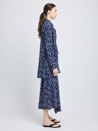 Proenza Schouler Side full length image of model wearing Emmeline Shirt in Printed Silk Viscose in Navy Multi