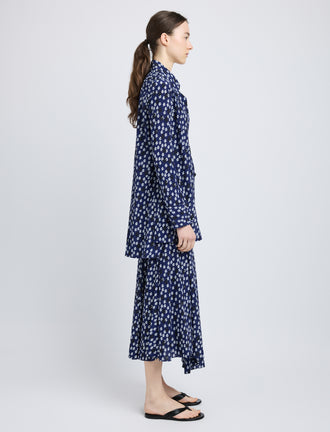 Proenza Schouler Side full length image of model wearing Emmeline Shirt in Printed Silk Viscose in Navy Multi