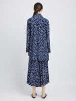 Proenza Schouler Back full length image of model wearing Emmeline Shirt in Printed Silk Viscose in Navy Multi