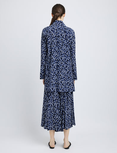 Proenza Schouler Back full length image of model wearing Emmeline Shirt in Printed Silk Viscose in Navy Multi