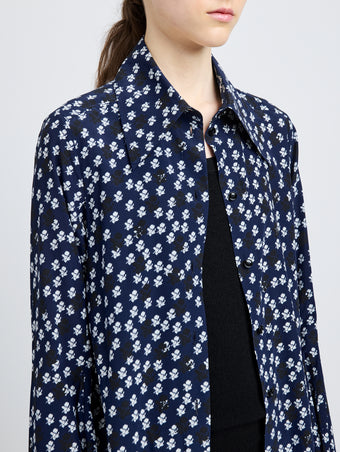 Proenza Schouler Detail image of model wearing Emmeline Shirt in Printed Silk Viscose in Navy Multi