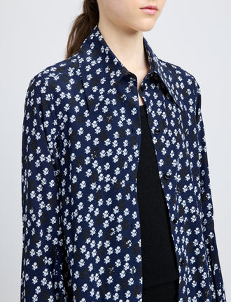 Proenza Schouler Detail image of model wearing Emmeline Shirt in Printed Silk Viscose in Navy Multi