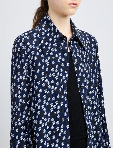 Proenza Schouler Detail image of model wearing Emmeline Shirt in Printed Silk Viscose in Navy Multi