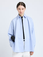 Proenza Schouler Front cropped image of model wearing Hunter Top in Stripe Cotton Silk Poplin in Pale Blue Multi