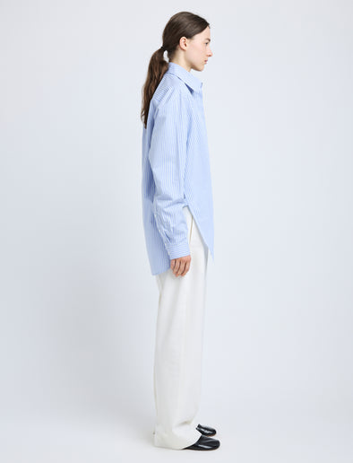 Proenza Schouler Side full length image of model wearing Hunter Top in Stripe Cotton Silk Poplin in Pale Blue Multi