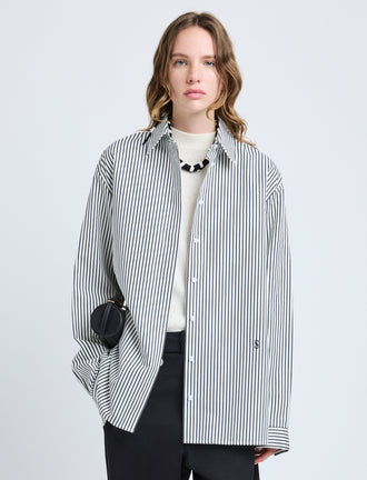 Proenza Schouler Front cropped image of model wearing Hunter Top in Stripe Cotton Silk Poplin in Navy Multi