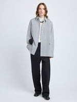 Proenza Schouler Front full length image of model wearing Hunter Top in Stripe Cotton Silk Poplin in Navy Multi
