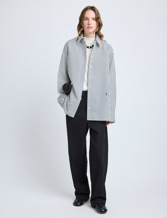 Proenza Schouler Front full length image of model wearing Hunter Top in Stripe Cotton Silk Poplin in Navy Multi