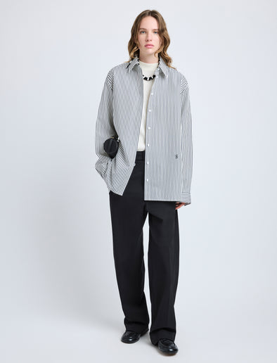 Proenza Schouler Front full length image of model wearing Hunter Top in Stripe Cotton Silk Poplin in Navy Multi