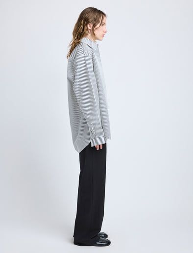 Proenza Schouler Side full length image of model wearing Hunter Top in Stripe Cotton Silk Poplin in Navy Multi