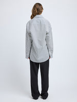 Proenza Schouler Back full length image of model wearing Hunter Top in Stripe Cotton Silk Poplin in Navy Multi