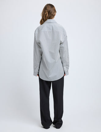 Proenza Schouler Back full length image of model wearing Hunter Top in Stripe Cotton Silk Poplin in Navy Multi