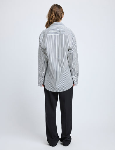 Proenza Schouler Back full length image of model wearing Hunter Top in Stripe Cotton Silk Poplin in Navy Multi