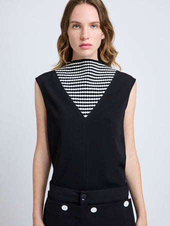 Proenza Schouler Detail image of model wearing Prescott Top in Matte Viscose Crepe in Black Multi