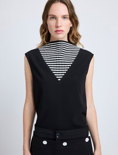Proenza Schouler Detail image of model wearing Prescott Top in Matte Viscose Crepe in Black Multi