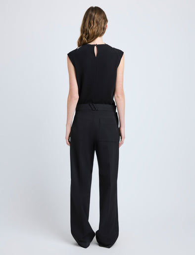 Proenza Schouler Back full length image of model wearing Prescott Top in Matte Viscose Crepe in Black Multi