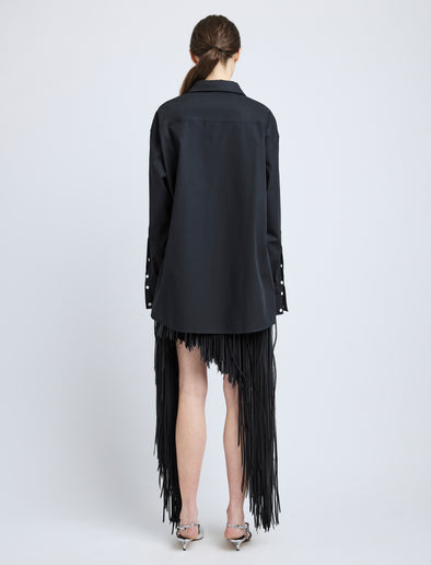 Proenza Schouler Back full length image of model wearing Addy Shirt in Compact Cotton Poplin in Black