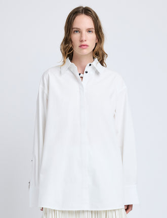 Proenza Schouler Front cropped image of model wearing Addy Shirt in Compact Cotton Poplin in White