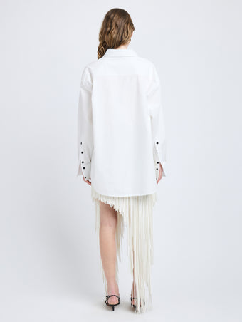 Proenza Schouler Back full length image of model wearing Addy Shirt in Compact Cotton Poplin in White