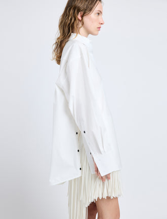 Proenza Schouler Detail image of model wearing Addy Shirt in Compact Cotton Poplin in White