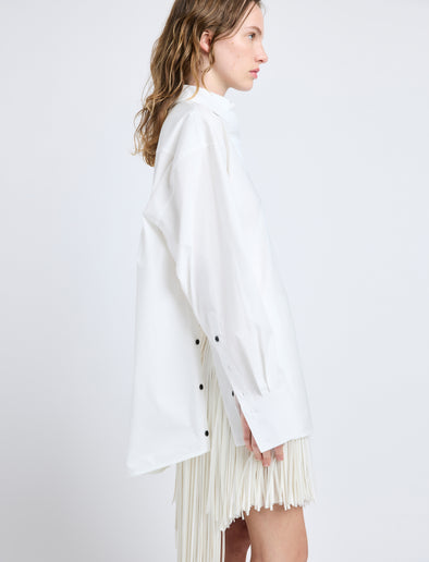 Proenza Schouler Detail image of model wearing Addy Shirt in Compact Cotton Poplin in White