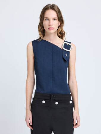 Proenza Schouler Front cropped image of model wearing Marin Top in Technical Nylon Jacquard in Midnight