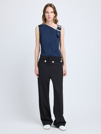 Proenza Schouler Front full length image of model wearing Marin Top in Technical Nylon Jacquard in Midnight