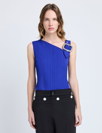 Proenza Schouler Front cropped image of model wearing Marin Top in Technical Nylon Jacquard in Cobalt