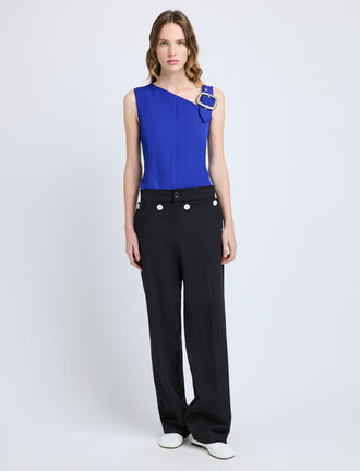 Proenza Schouler Front full length image of model wearing Marin Top in Technical Nylon Jacquard in Cobalt