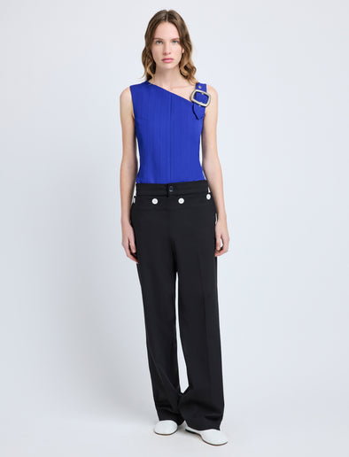 Proenza Schouler Front full length image of model wearing Marin Top in Technical Nylon Jacquard in Cobalt