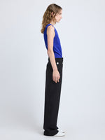 Proenza Schouler Side full length image of model wearing Marin Top in Technical Nylon Jacquard in Cobalt