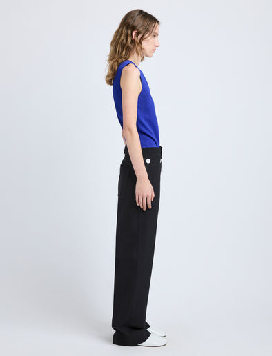 Proenza Schouler Side full length image of model wearing Marin Top in Technical Nylon Jacquard in Cobalt