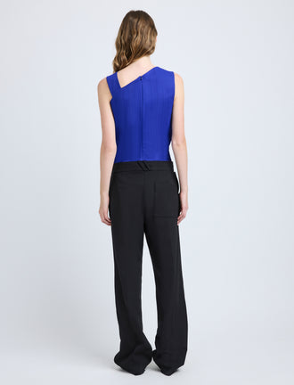 Proenza Schouler Back full length image of model wearing Marin Top in Technical Nylon Jacquard in Cobalt