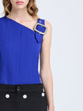 Proenza Schouler Detail image of model wearing Marin Top in Technical Nylon Jacquard in Cobalt