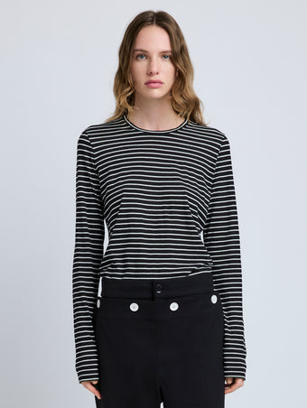 Proenza Schouler Front cropped image of model wearing Mia T-Shirt in Cotton Stripe Jersey in Black Multi