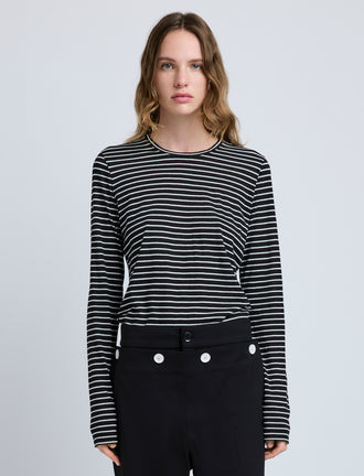 Proenza Schouler Front cropped image of model wearing Mia T-Shirt in Cotton Stripe Jersey in Black Multi