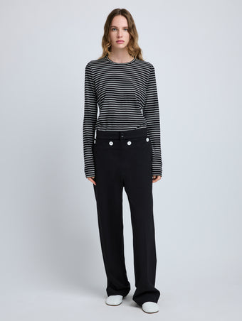 Proenza Schouler Front full length image of model wearing Mia T-Shirt in Cotton Stripe Jersey in Black Multi
