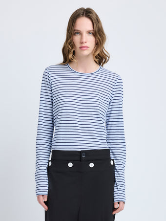 Proenza Schouler Front cropped image of model wearing Mia T-Shirt in Cotton Stripe Jersey in Chambray Multi