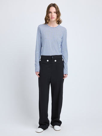 Proenza Schouler Front full length image of model wearing Mia T-Shirt in Cotton Stripe Jersey in Chambray Multi