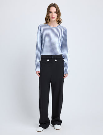 Proenza Schouler Front full length image of model wearing Mia T-Shirt in Cotton Stripe Jersey in Chambray Multi