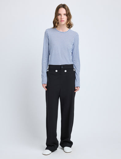 Proenza Schouler Front full length image of model wearing Mia T-Shirt in Cotton Stripe Jersey in Chambray Multi