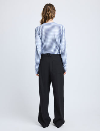Proenza Schouler Back full length image of model wearing Mia T-Shirt in Cotton Stripe Jersey in Chambray Multi