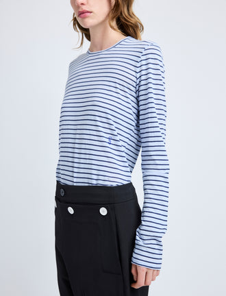 Proenza Schouler Detail image of model wearing Mia T-Shirt in Cotton Stripe Jersey in Chambray Multi