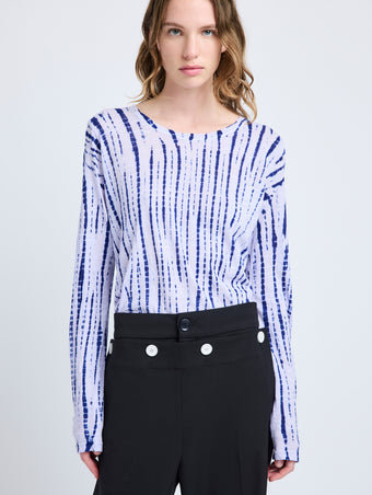 Proenza Schouler Detail image of model wearing Mia T-Shirt in Tie Dye Tissue Jersey in Lilac Multi