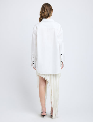 Proenza Schouler Back full length image of model wearing Phia Skirt in Leather Silk Fringe in Ecru