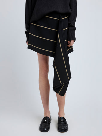 Proenza Schouler Detail image of model wearing Rae Skirt in Stripe Bi-Stretch Viscose in Black Multi